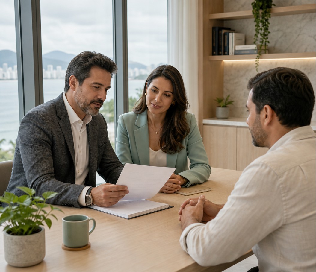 Advogados orientando cliente em escritório contemporâneo